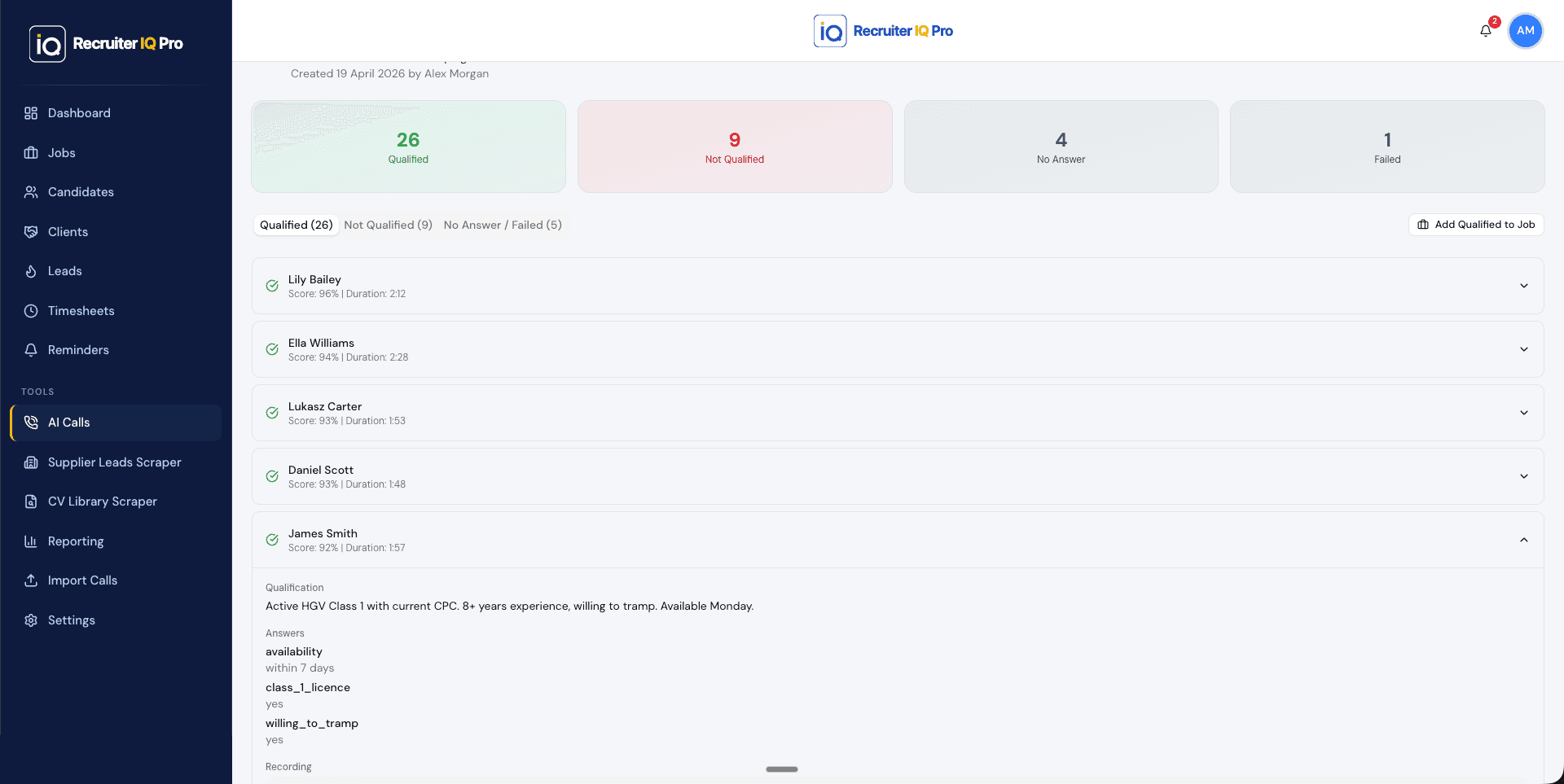 Recruiter IQ Pro AI Calling Agent screen