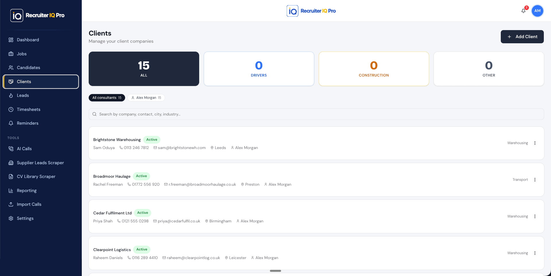 Recruiter IQ Pro Client Workspace screen