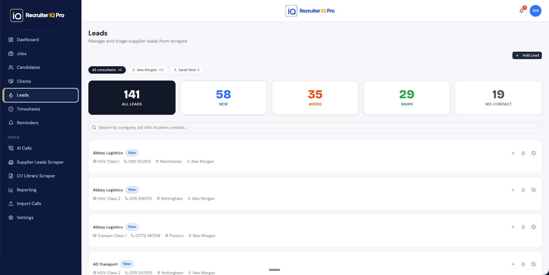 Recruiter IQ Pro Leads Hub screen