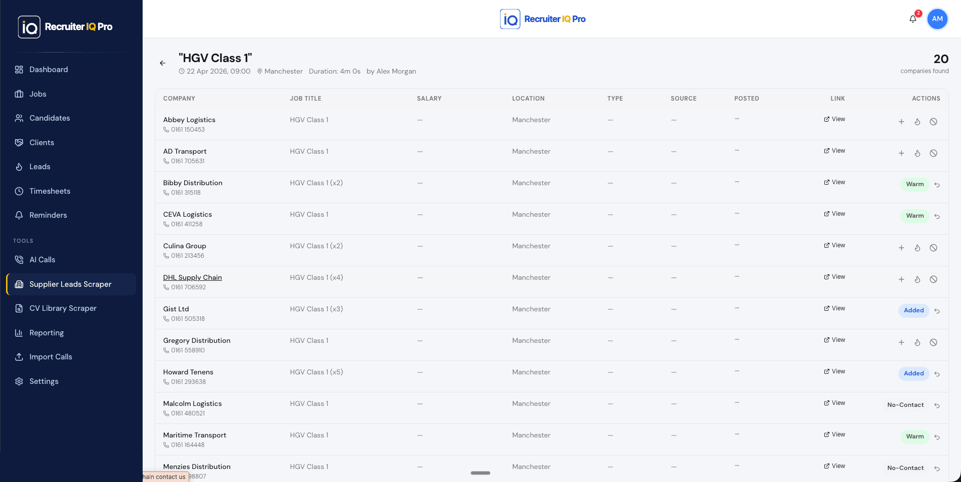 Recruiter IQ Pro Business Development Hub screen